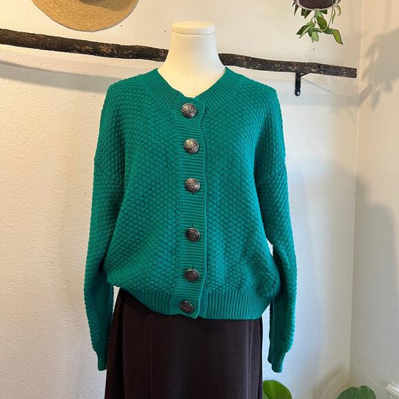 Express Sweaters - Vintage 90s Express Green Chunky Knit Button Front Cardigan Sweater Size Small